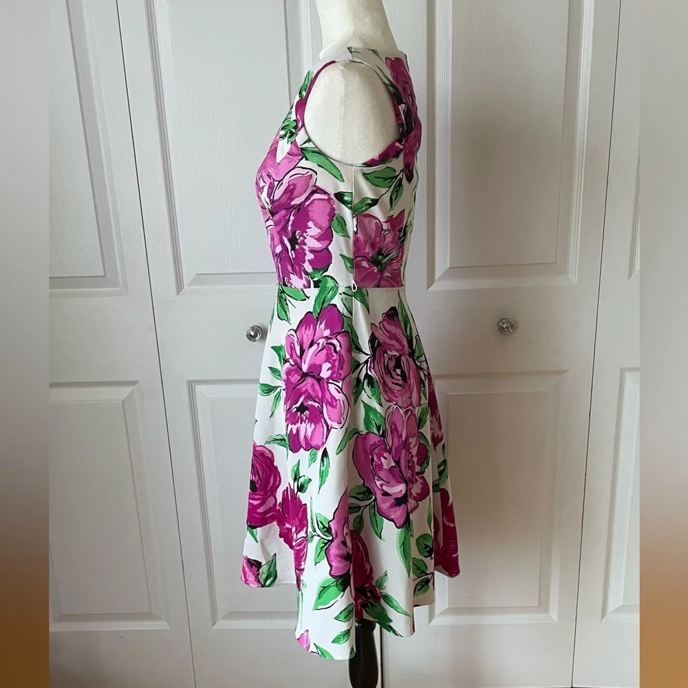 Alyx Dress Womens Fit Flare Stretch Belted Pleated Pink Floral Dress Size 4